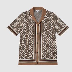NEW Reiss Brown Geometric Button Down Short-Sleeve Cuban Shirt